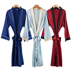 Camicie da notte a maniche lunghe di lusso all'ingrosso e personalizzate per le donne indumenti da notte in raso di seta Kimono Robe