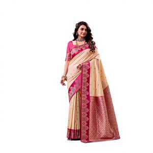 Sari Tradicional Bordado con Brillo Dorado, Tejido Transpirable, Sin Arrugas, para Fiestas, Todas las Temporadas - Product Image 1