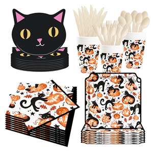DAMAI New Black cat and Pumpkin Paper Plate Theme Disposable Paper Plates and Cups for Halloween Party Supply - Product Image 3