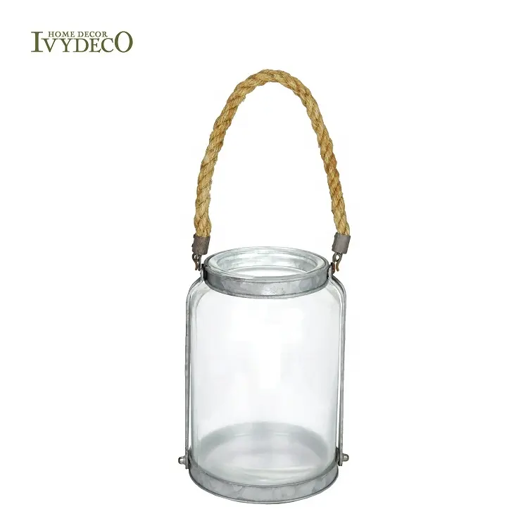 Lanterna a candela a colonna per uragano in vetro trasparente IVYDECO con cornici in metallo zincato e manico in corda