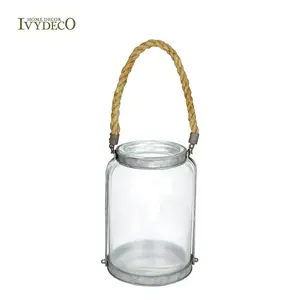 IVYDECO Clear Glass Hurricane Pillar Candle Lantern with Galvanized Metal Frames And Rope Handle