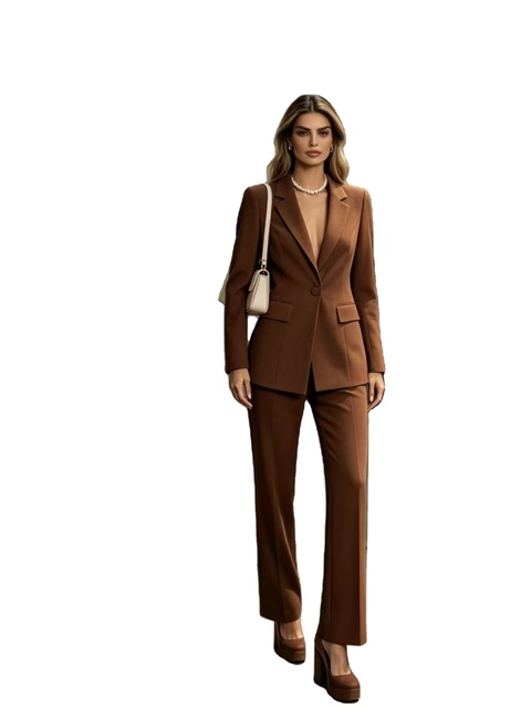 Women's Coffee Brown Solid Digital 2 Piece Vintage Single Button Fitted Blazer Cropped Flare Pants Suit Office Business Formal