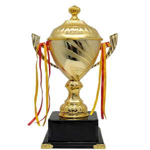 Golden <b>Trophy</b> Award with Black <b>Base</b> and Red Yellow Ribbons for Sports - Product Image 1