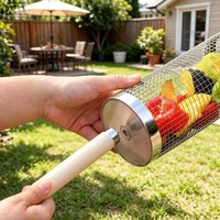 Grille de barbecue portable en acier inoxydable SiXi avec poignée en bois et crochet pour pique-nique et camping en extérieur - Conception à long manche facile à nettoyer