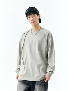 Camiseta de Manga Larga de Algodón Blanco para Hombre, Estilo Vintage Americano, Corte Holgado, Costuras Desestructuradas, 180g, Transpirable - Product Image 6