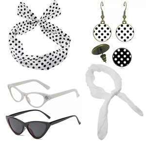 Accessoires de costume <span class=keywords><strong>pour</strong></span> femmes des années 1950 - Écharpe en mousseline des années 50, Lunettes œil-de-chat, Bandeau foulard, Boucles d'oreilles à pois - Product Image 4