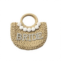 Sac de plage en paille personnalisé avec initiale perlée, deux poignées, fermeture à cordon, doublure en polyester, luxe, mariée, été