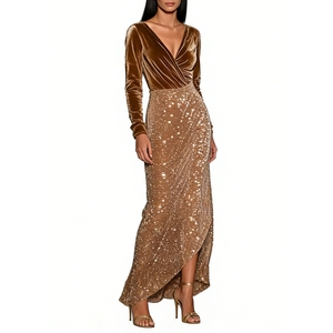 ชุดแม็กซี่สีบรอนซ์กำมะหยี่ & ปักเลื่อมสำหรับผู้หญิงเดรสทางการแขนยาวคอวีลึก - Product Image 5