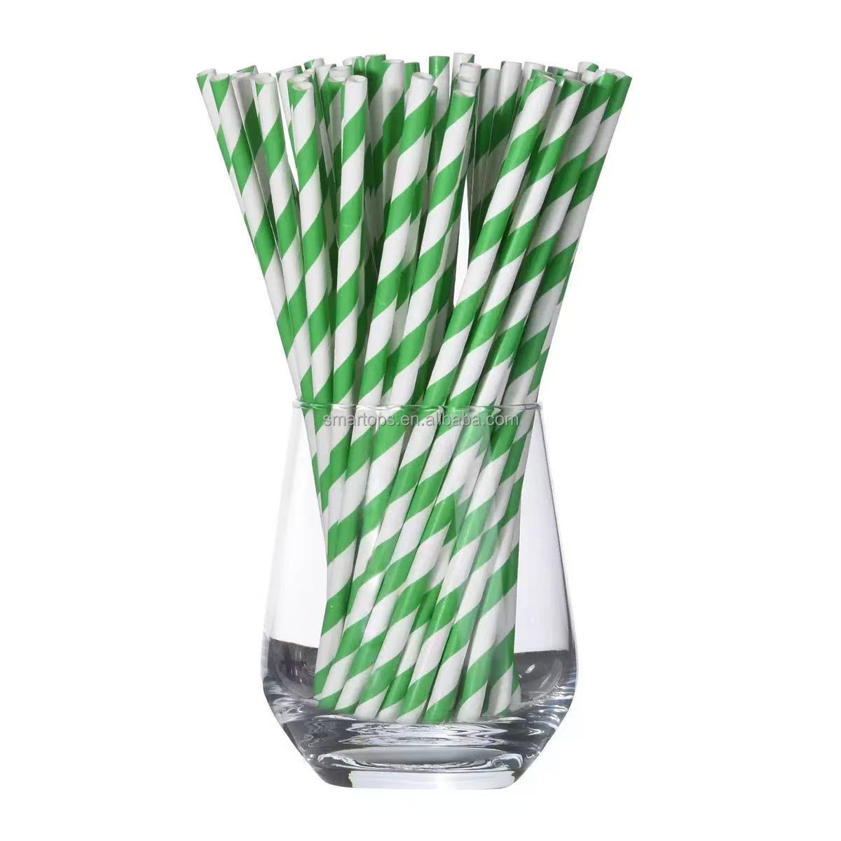 6*100mm 6*150mm 6*210mm Biodegradable Recyclable Disposable Paper Straws Customized Logo Striped Design for Wedding Party Juice