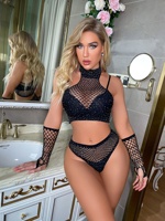 TZ90 Set Lingerie 2-Piece Wanita Model ODM Seksi Bordir Berkilau Bahan Mesh Atasan dan Celana Pendek Bahan Nilon Poliamida Dobby