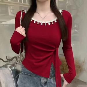 Camiseta de Manga Larga con Cintura Ajustable, Color Negro Sólido, Corte Irregular, Ajustada, para Mujer, Ropa de Invierno - Product Image 3