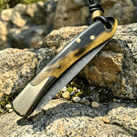 Couteau pliant en acier Damas sans verrouillage, manche en corne, pommeau en laiton, DIY OEM, pour camping, chasse, collection, couteau de poche