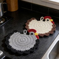 Sous-verres et dessous de tasse en forme de poulet, 4 pièces, 4,7 pouces, en tissu de coton crocheté fait main avec support, décoration de maison de style campagnard