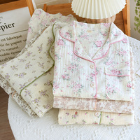 Femmes nouveau automne Floral Satin pyjamas grande taille Homewear ensemble Double couche taille élastique à manches longues coton sans rides avant