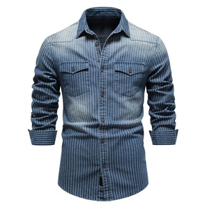 Chemise en jean rayée pour homme, manches longues, décontractée, boutonnée, avec poches, 100% coton, col rabattu - Product Image 1
