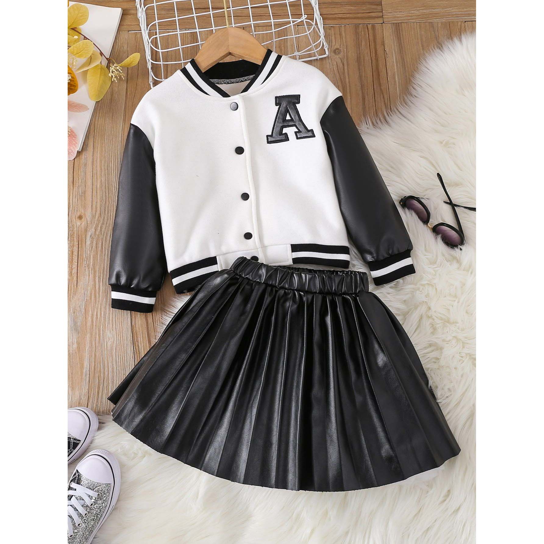 4-7Y Girl Clothing PU Leather Letter Patched Striped Trim