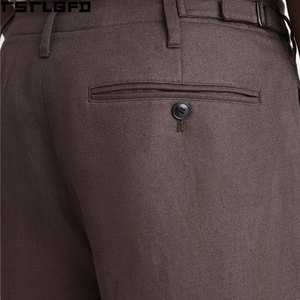 Oem Odm Double Pleated <b>Trousers</b> <b>Men</b> Chocolate Brown Linen Cotton Blend High Waisted <b>Wide</b> <b>Leg</b> Smart Casual Wholesale Bulk - Product Image 6