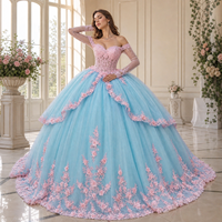 Robe de bal Quinceañera longue en tulle bouffant, épaules dénudées, manches longues, appliques florales 3D, peplum à volants, robe de princesse