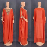 Robe musulmane tendance pour femme, en mousseline, style Dubaï, jupe longue ample, sequins, rétro, couleur café, pour fête, Maroc, Afrique, vente en gros