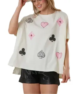 Custom professional supplier round neck oversized t shirt top fashion sparkly split hem sequin hearts t shirt for women