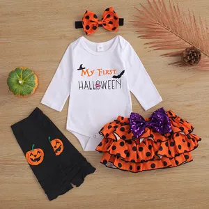New Witch Costume Halloween Day Little Baby Long Sleeve Romper Clothes And Skirt Outfit For Girls