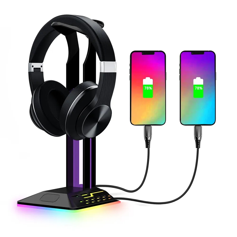 RGB Gaming Headphone Stand with Dual Type-C USB Ports RGB Strip Light Desk Gaming Headset Holder Desktop Earphone Display Stand