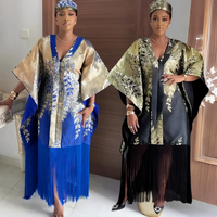 Robes africaines de luxe J0831 pour femmes, robe longue à imprimé pailleté et franges, robe Dashiki, robes Boubou pour femmes avec foulard