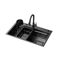 Évier de cuisine multifonctionnel à 4 trous en acier inoxydable nano noir, vasque simple pour poste de travail DIY, vente en gros d'usine