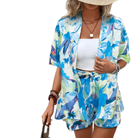 Ensemble deux pièces pour femme en polyester et coton 80g, imprimé bohème, avec short et kimono à manches courtes, tenue de plage, fournisseur ODM