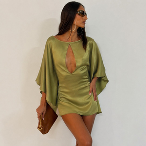 Vestido Mini Elegante y Sexy con Corte Entallado, Manga Murciélago y Cintura Ajustada, en Satén de Color Sólido para Mujer - Product Image 5