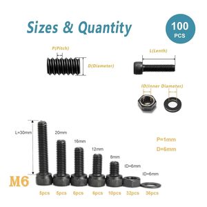 Kit de 100 Piezas de Tornillos de Cabeza Hexagonal M6, Tuercas y Arandelas, Acero Aleado Grado 12.9, Uso en la Industria de la Construcción - Product Image 5