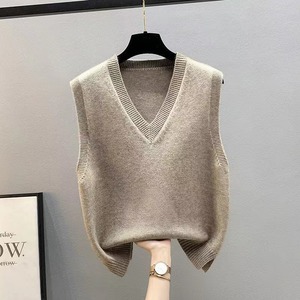 Gilet en tricot pour femme, couleur unie, coupe ample, col en V, sans manches, pull pour l'automne et l'hiver, à porter en extérieur - Product Image 3