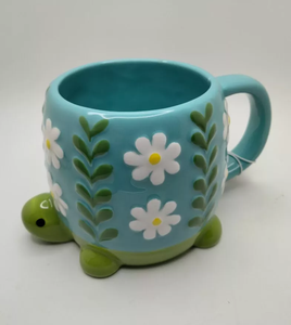 Lovely Painted <strong>Turtle</strong> Shaped <strong>Mugs</strong> Embossed Ceramic <strong>Turtle</strong> <strong>Mug</strong> Turquoise&amp;green Daisy Floral <strong>Turtle</strong> 16 oz Coffee <strong>Mugs</strong> Wholesale - Product Image 4