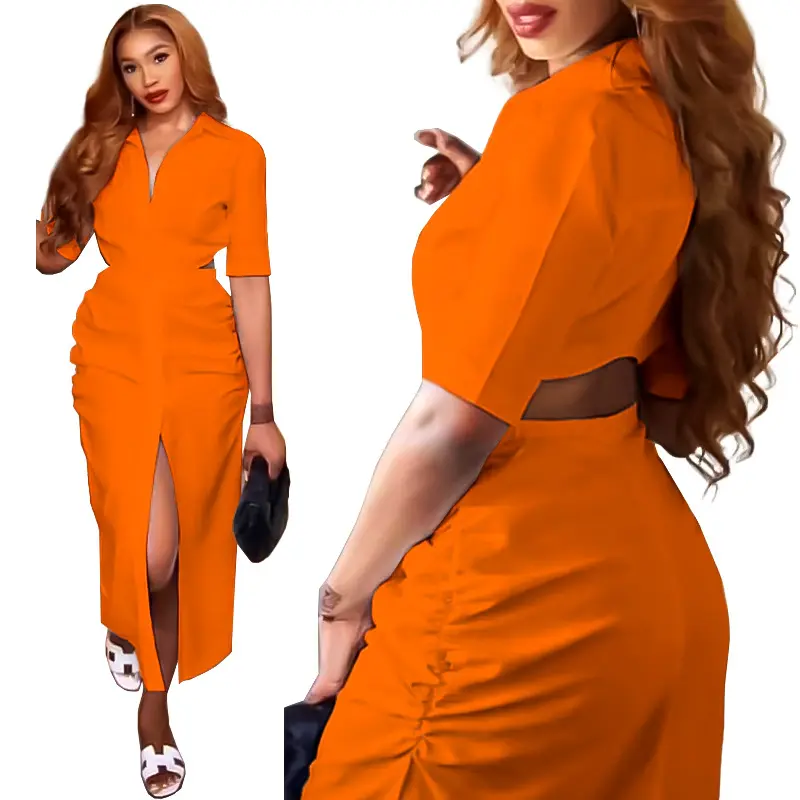 2022 New Arrivals African Plus Size Women's Solid Color Lapel Button Shirt Dress Women Casual Short Sleeve Maxi Shirt Dresses
