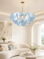 Lustre LED moderne en verre bleu de Murano, suspension en acier inoxydable brossé, artisanat de luxe français, pour salon