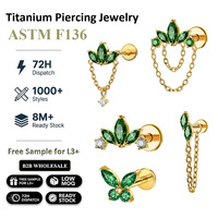Piercing corporel Freya en titane ASTM F136 avec zircon et émeraude, à filetage interne, pour oreille, nez, labret, lèvre, tragus, lobe