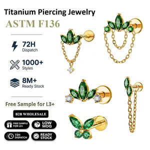 Piercing de titanio ASTM F136 Freya con circonita, <span class=keywords><strong>esmeralda</strong></span> colgante y rosca interna para oreja, nariz, labio, tragus y lóbulo. - Product Image 2