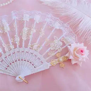 Hot Sale Folding Retro Style Single Layer Lace Hot Stamping Hollow Plastic Bone Hand Fans For Wedding Handfan Custom Bone