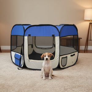 Recinto per cani in poliestere blu e crema 43,3 x 43,3 x 22,8 pollici, facile da montare, per uso interno. - Product Image 2