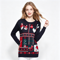 Robe pull jacquard à col rond et manches longues, coupe ajustée, motif ours et cadeaux de Noël, très populaire