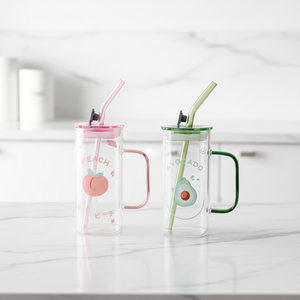 Mug en verre à motif <span class=keywords><strong>de</strong></span> fruits 450 ml avec poignée et paille en verre, tasse à boire en borosilicate pour jus - Product Image 3