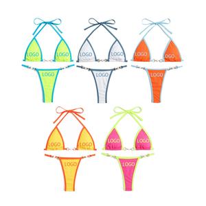 Maillot de bain personnalisé avec bordure côtelée, micro-bikini color block, micro-bikini triangle, vêtements de plage, maillot de bain sexy pour femmes - Product Image 1