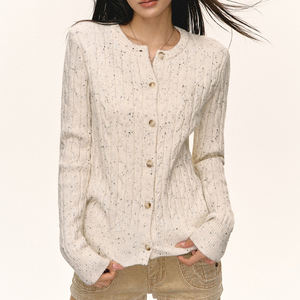 <span class=keywords><strong>Cardigan</strong></span> da Donna in Maglia a Trecce Crema con Motivo Maculato - Top Casual Retrò per Uso Quotidiano - Product Image 1