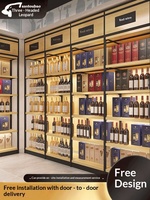 Vitrine d'exposition pour alcool, tabac et vin, pour supermarché, vin rouge, vin étranger, multi-niveaux, murale, en acier, bois et verre, commerciale, noire, avec éclairage