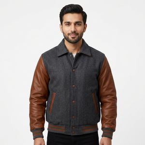 Custom Grey Brown Stand 100% Cotton Breathable Varsity <b>Jacket</b> <b>Men</b> <b>Baseball</b> Fashion College Uniform Streetwear Outerwear OEM ODM - Product Image 1