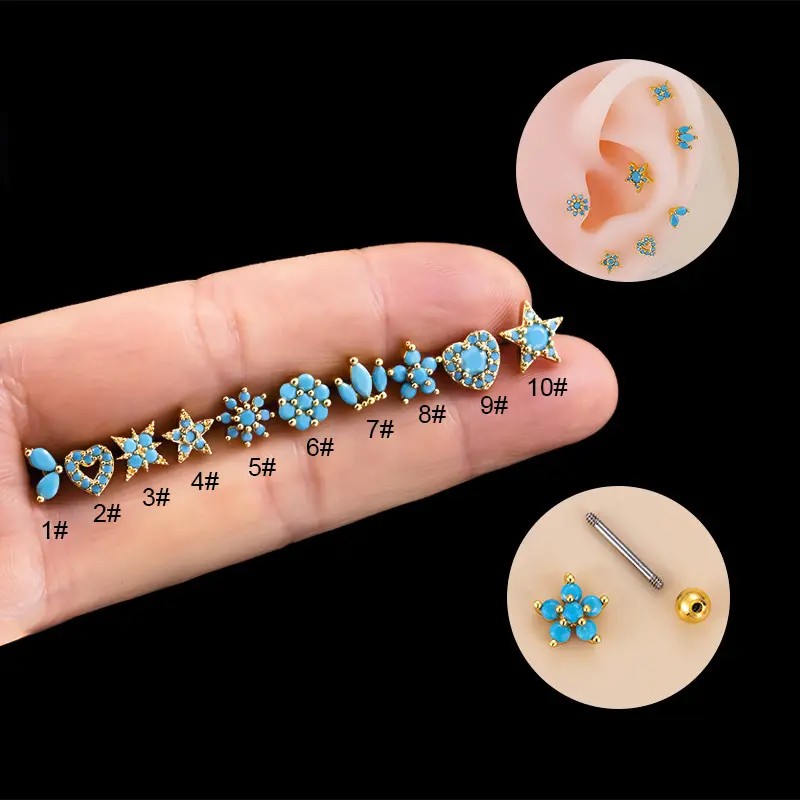 Fashion Women Heart Star Earrings with Blue Artificial Stone Stainless Steel Thin Rod Piercing Ear Bone Stud Cute Earrings