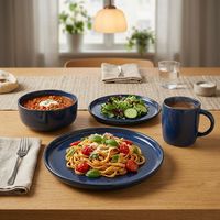 Service de table moderne en porcelaine premium bleu réactif, écologique, 16 pièces, compatible lave-vaisselle et four