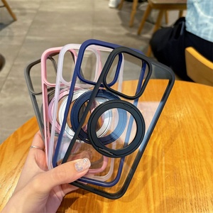 Metal Frame Phone Case With 360 Rotation Magnetic Ring <b>Stand</b> Holder Clear Case for IPhone 17 16 15 14 13 12 Pro Max - Product Image 2