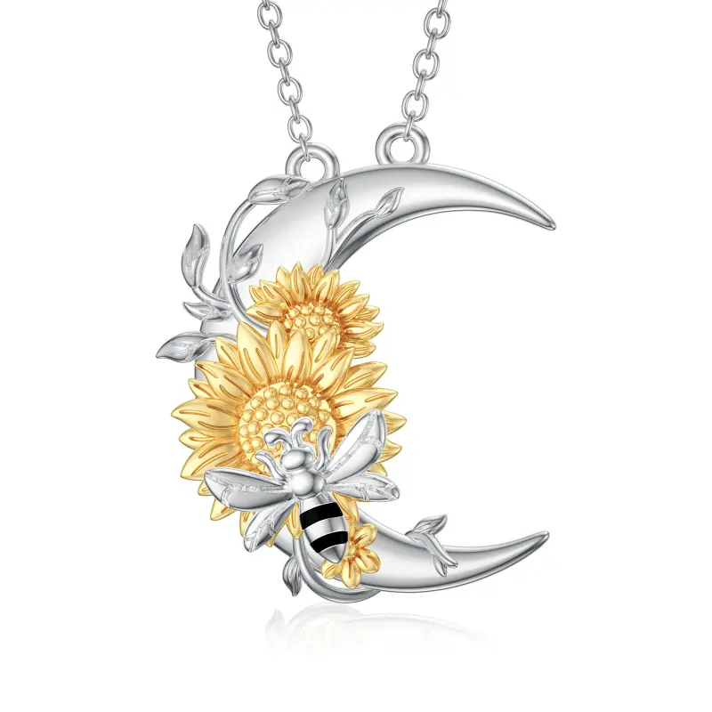Hot Sale Jewelry Women Girls 925 Sterling Silver Cubic Zircon Pendant Necklace Two Tone Sunflower With Bee Moon Necklace