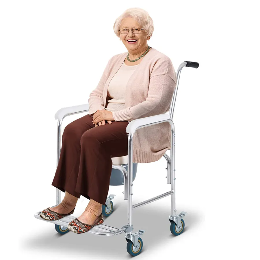 Sedia a rotelle comò regolabile in alluminio di alta qualità con poggiapiedi antiribaltamento e ruote di bloccaggio